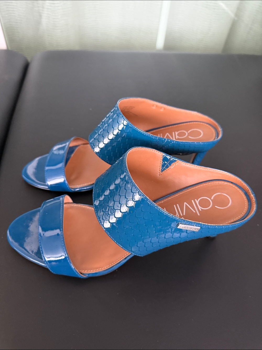 Calvin Klein Teal Patent Leather and Manmade Upper.